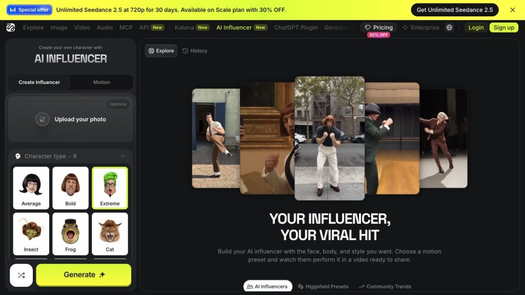 Higgsfield AI Influencer character studio interface