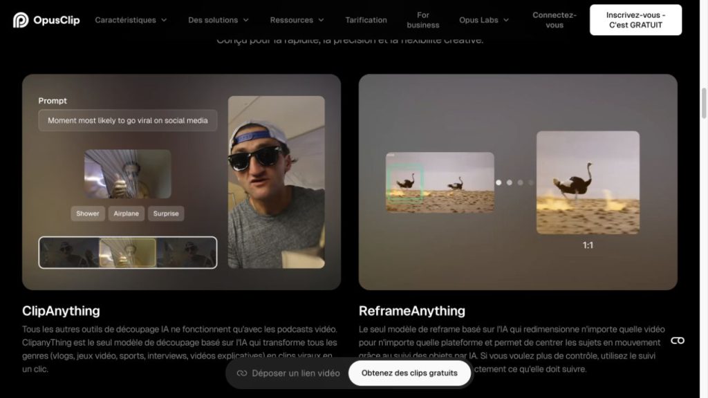 ClipAnything and ReframeAnything public demonstrations on OpusClip’s website.