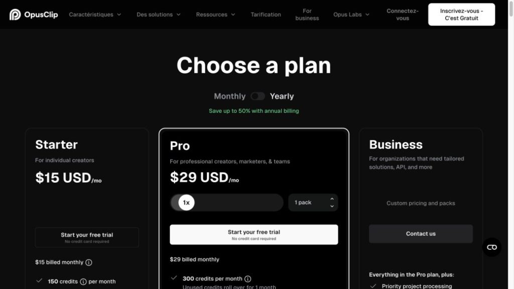 OpusClip’s published monthly USD plans, with one Pro pack selected.