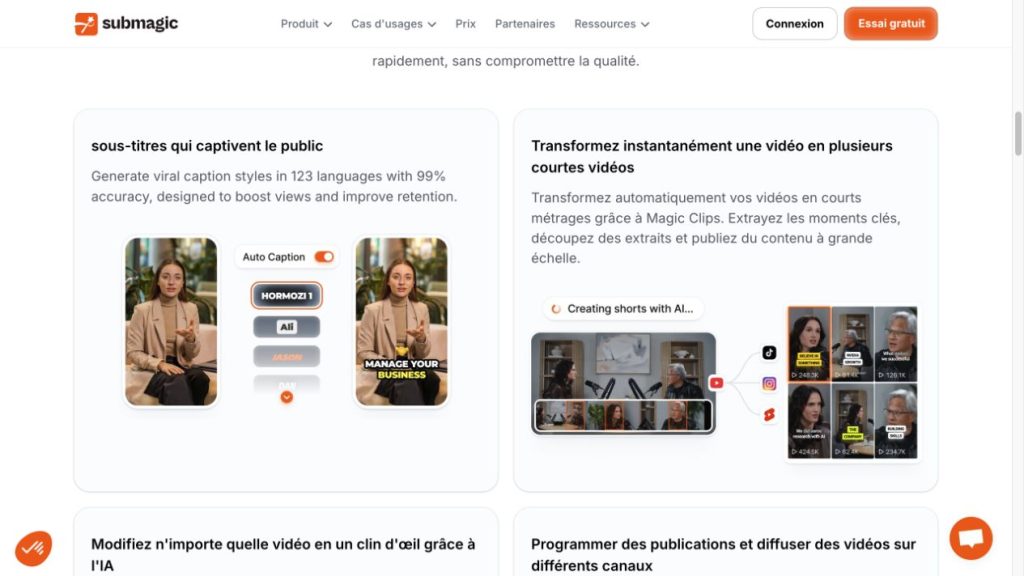 Caption styling and Magic Clips on Submagic’s official website.